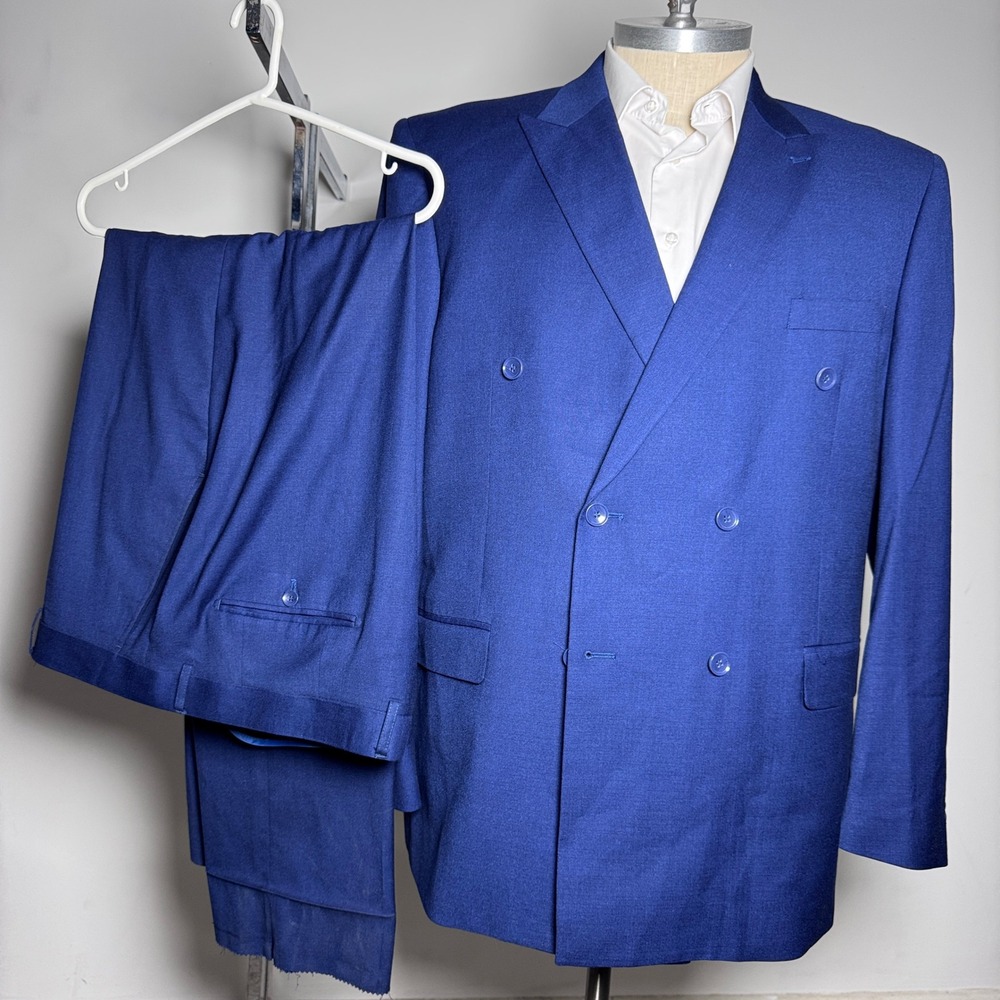 Lineage Suit Mens 52L W46 Blue Solid Double Breasted Peak Lapel Side Vent Modern